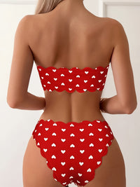 Cute Women's Heart Print Unique Scallop Trim Strapless Top & High-Cut Bikini Swimsuit