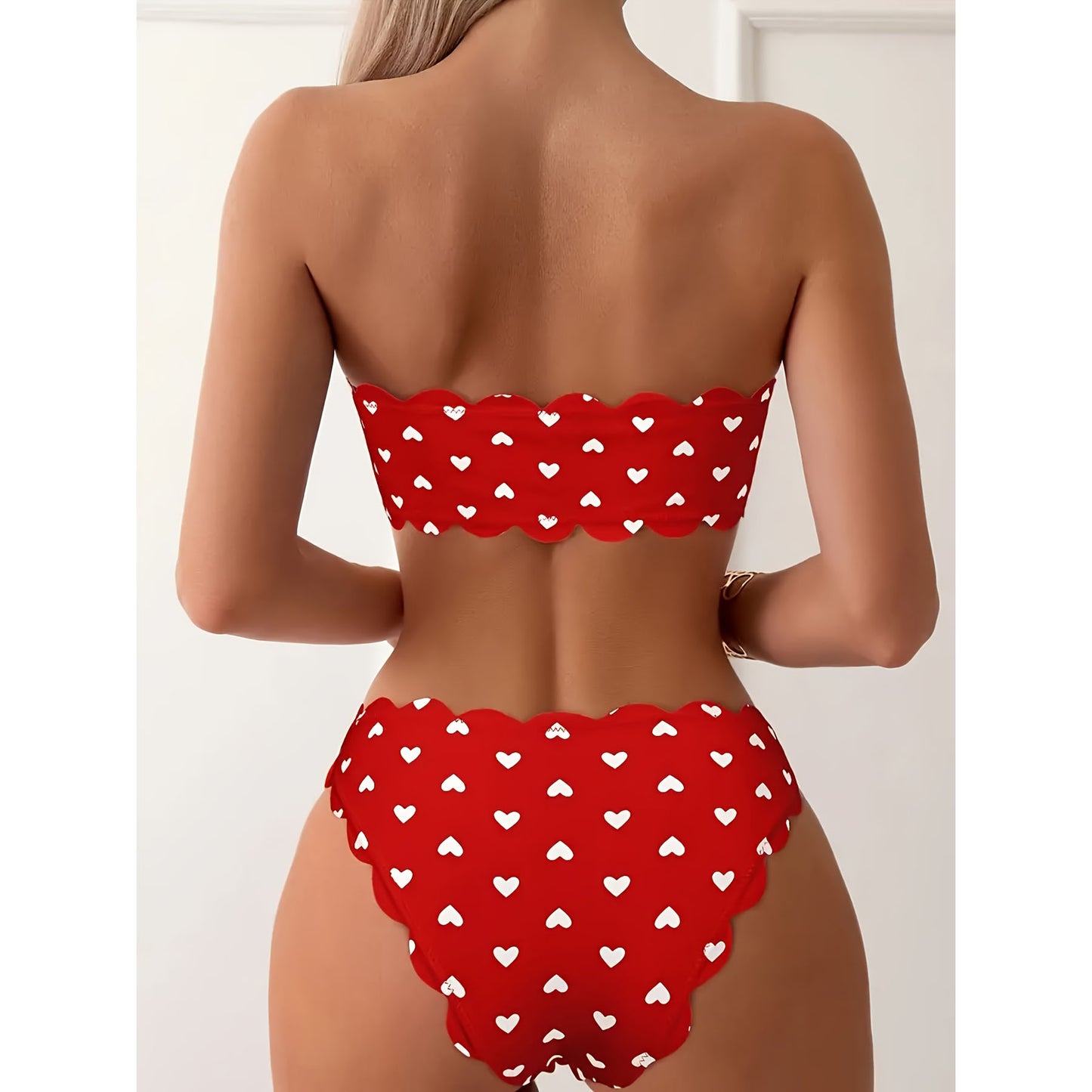 Cute Women's Heart Print Unique Scallop Trim Strapless Top & High-Cut Bikini Swimsuit