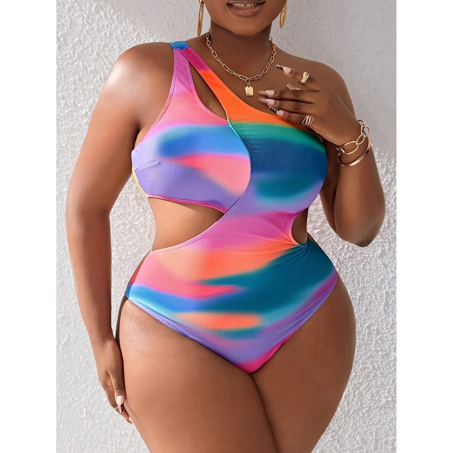 Beautiful Plus Size Multicolor Tie Dye Print Asymmetric One Shoulder Monokini Swimsuit