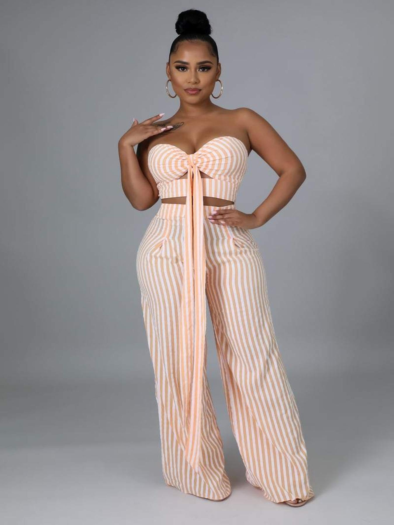 Sexy Striped Tube Top & Wide Leg Pants Set