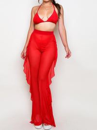 Sexy Halter Bikini Top & Ruffles Side Sheer Mesh Pants Cover Up Set