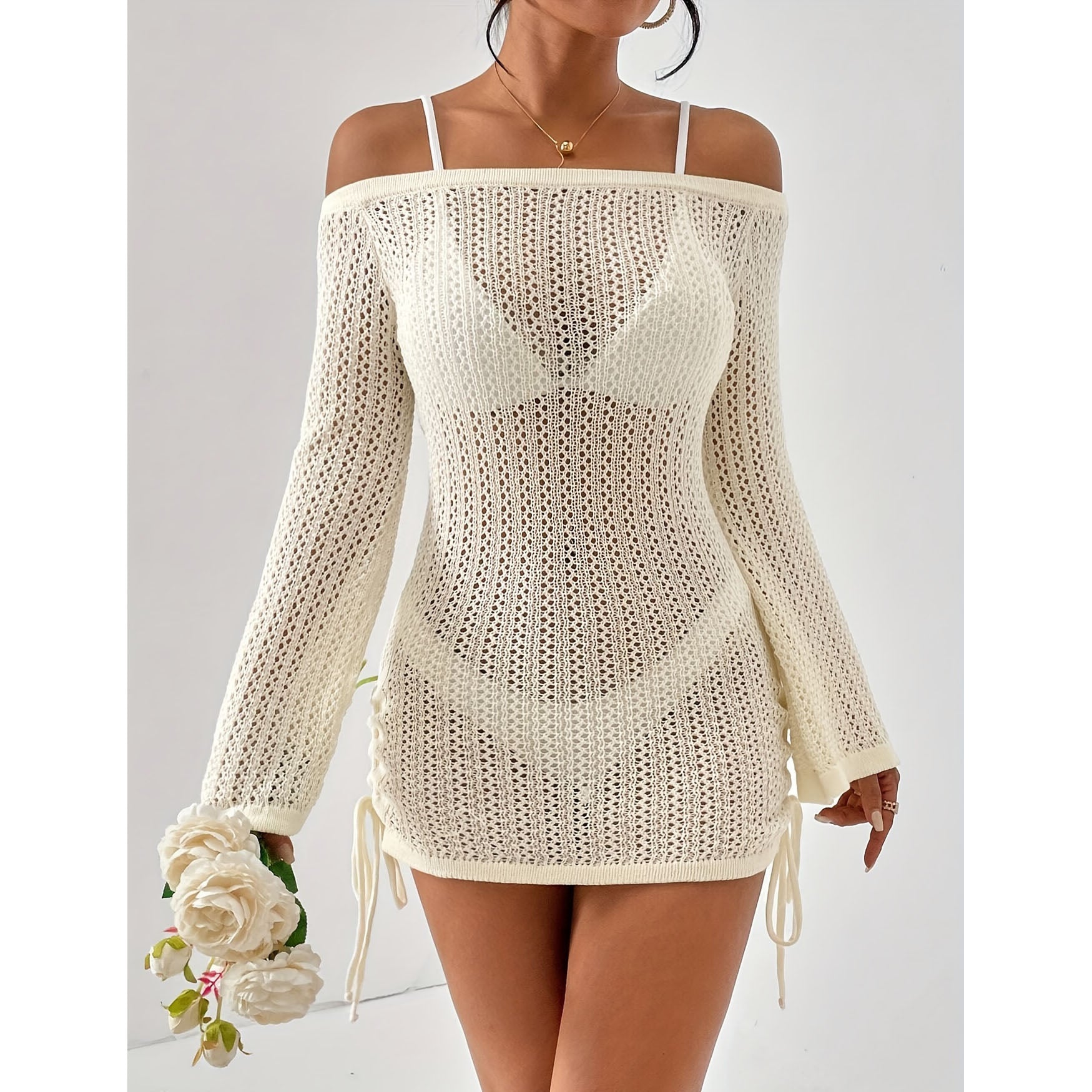 Sexy Off-Shoulder Drawstring Knitted Cut Out Swimsuit Coverup Dress