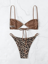 Chic Leopard Print, Pearl Accent, High Stretch, Tie-Back Bikini Swimsuit