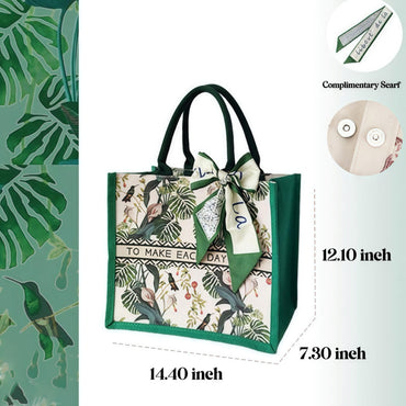 Summer Green Designer Print Canvas Tote Bag with Silk Scarf