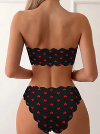 Cute Women's Heart Print Unique Scallop Trim Strapless Top & High-Cut Bikini Swimsuit