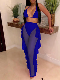 Sexy Halter Bikini Top & Ruffles Side Sheer Mesh Pants Cover Up Set