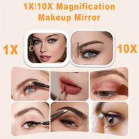 10X/1X Magnification LED Compact Travel Makeup Mirror With Light, Rechargeable, Adjustable Brightness, 2-Sided, Folding, Handheld