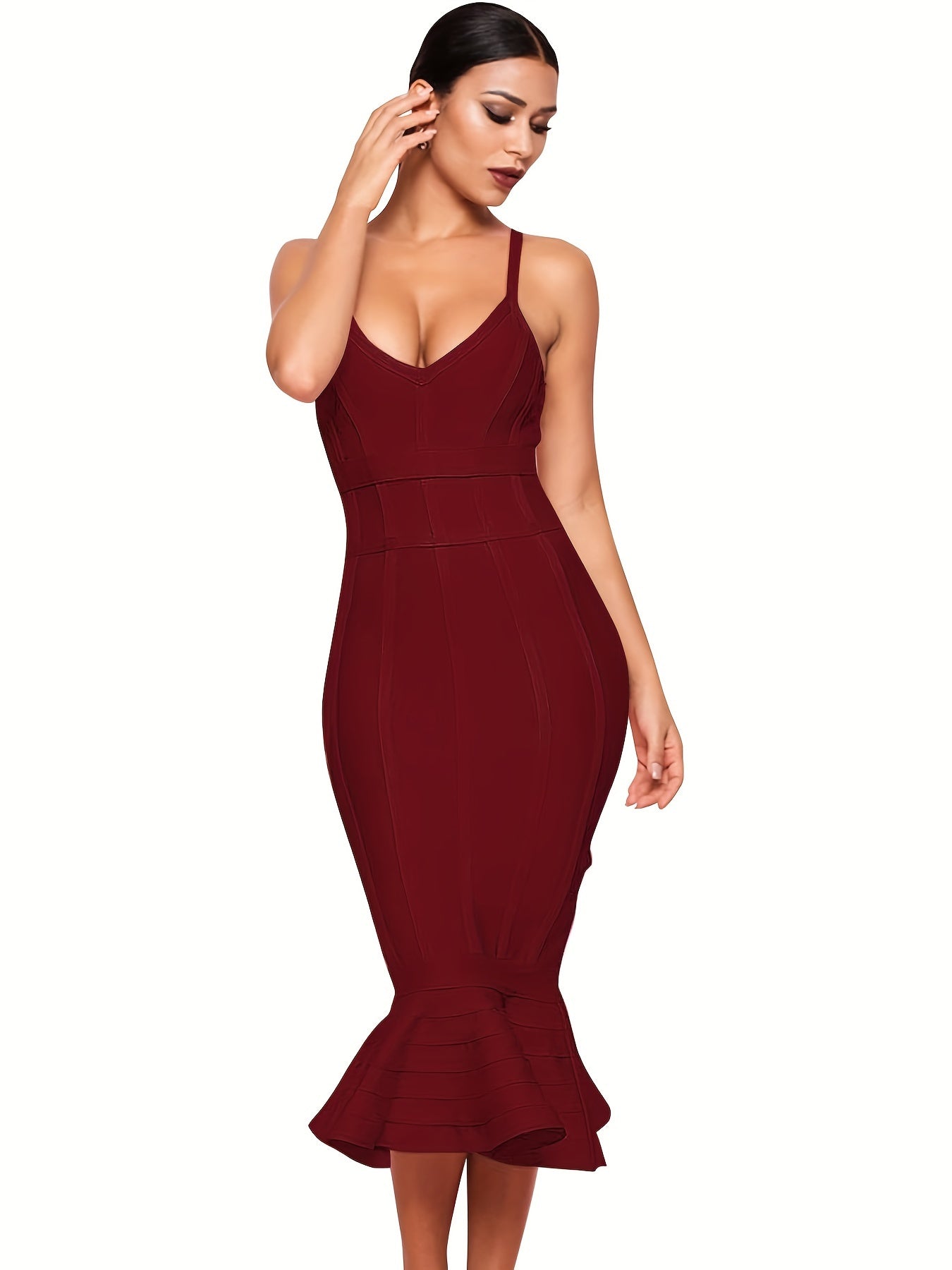 Elegant Women's Fashion Tight V-Neck Ruffle Midi Bandage Bodycon Dress