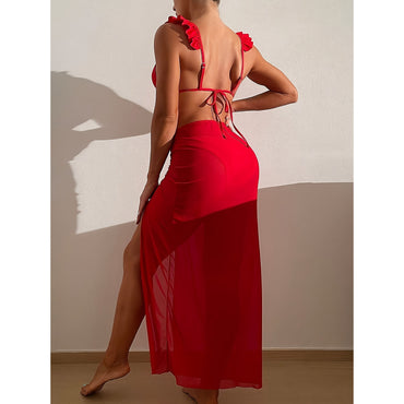 Sexy Red 3 Piece Lettuce Trim Deep V-Neck Top, High Slit Cover Up Skirt and Bikini Set