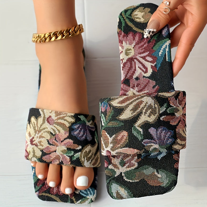 Casual Floral Print Fabric Square Toe Women's Summer Sandals