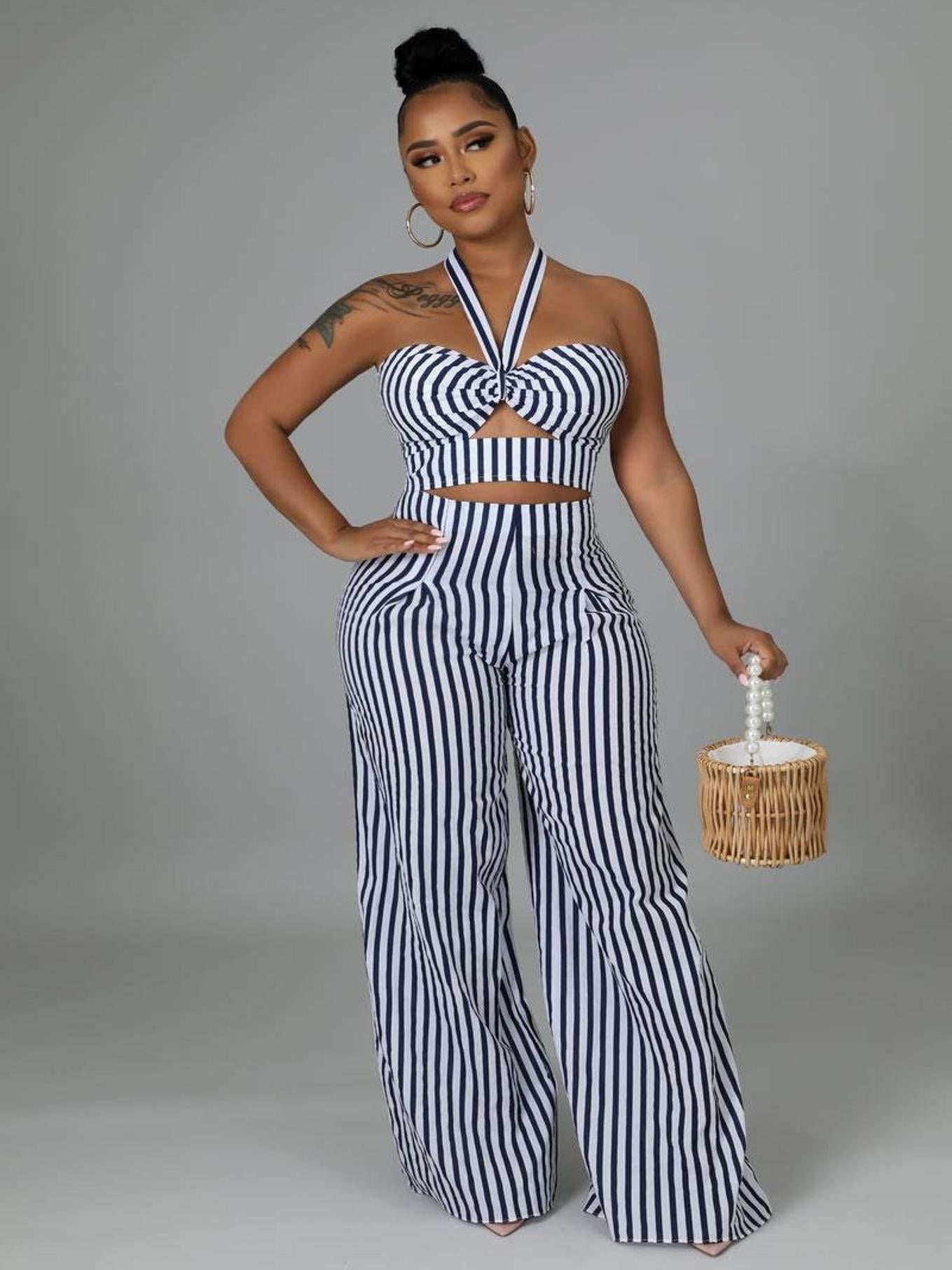 Sexy Striped Tube Top & Wide Leg Pants Set