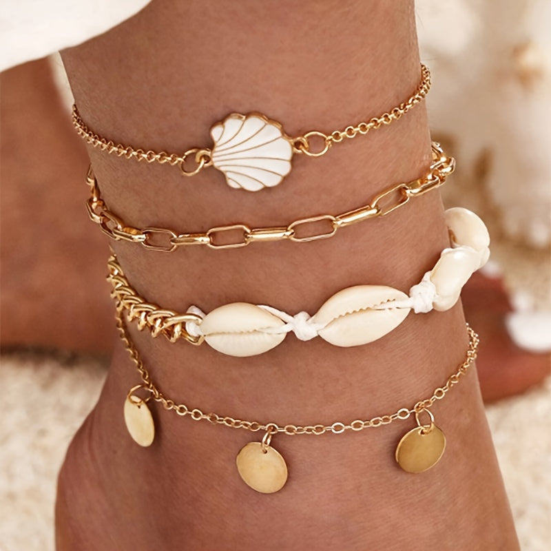 4-piece Bohemian Style Shell Round Slice Tassel Pendant Anklet