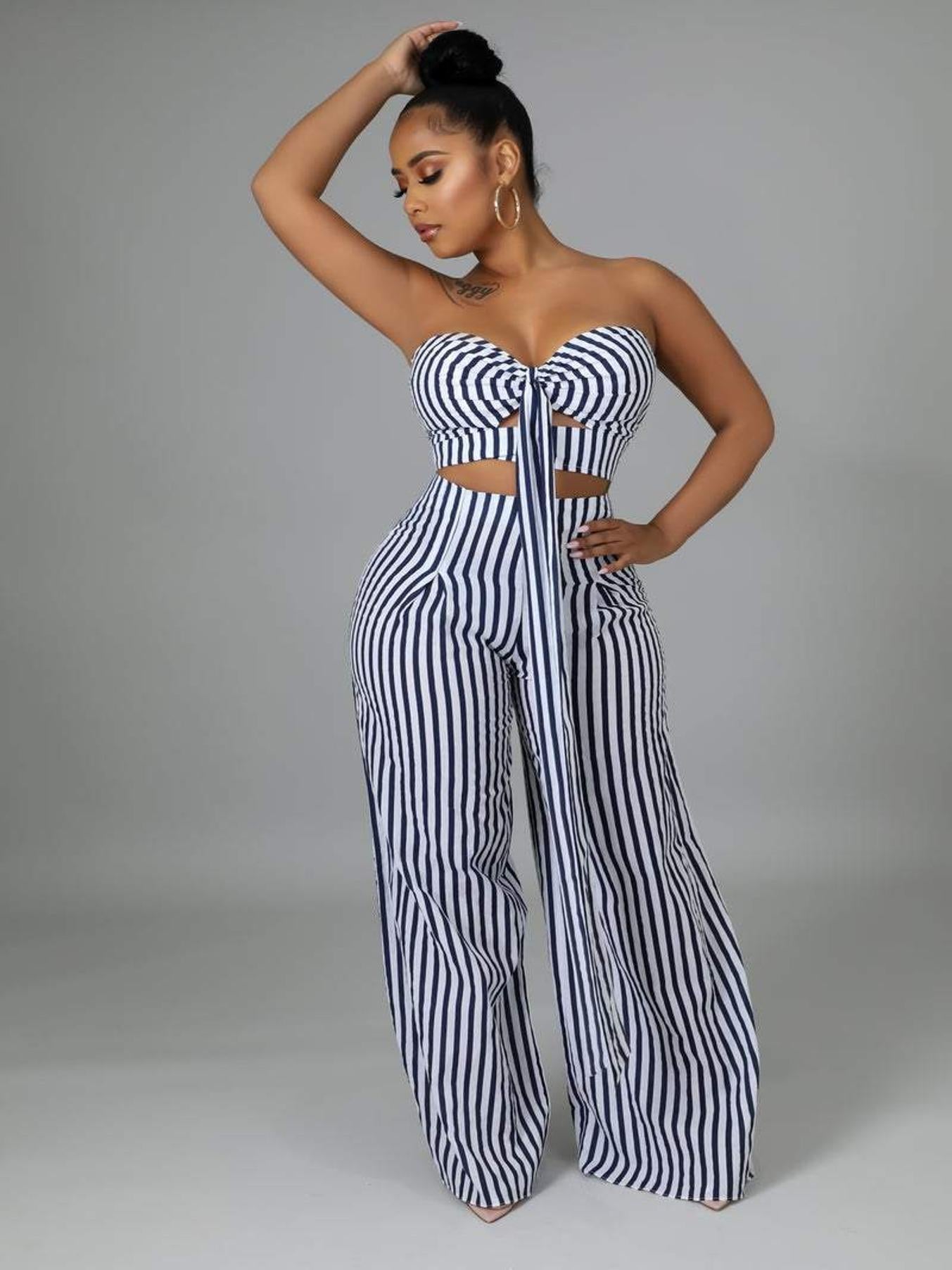 Sexy Striped Tube Top & Wide Leg Pants Set