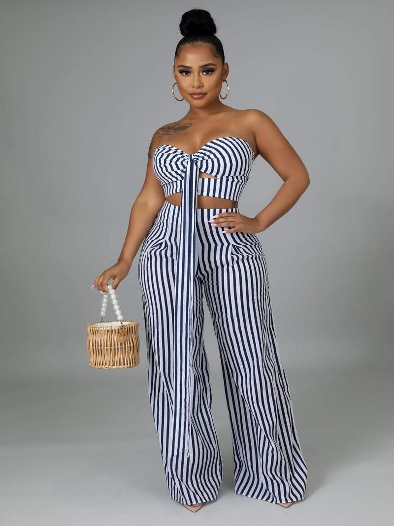 Sexy Striped Tube Top & Wide Leg Pants Set