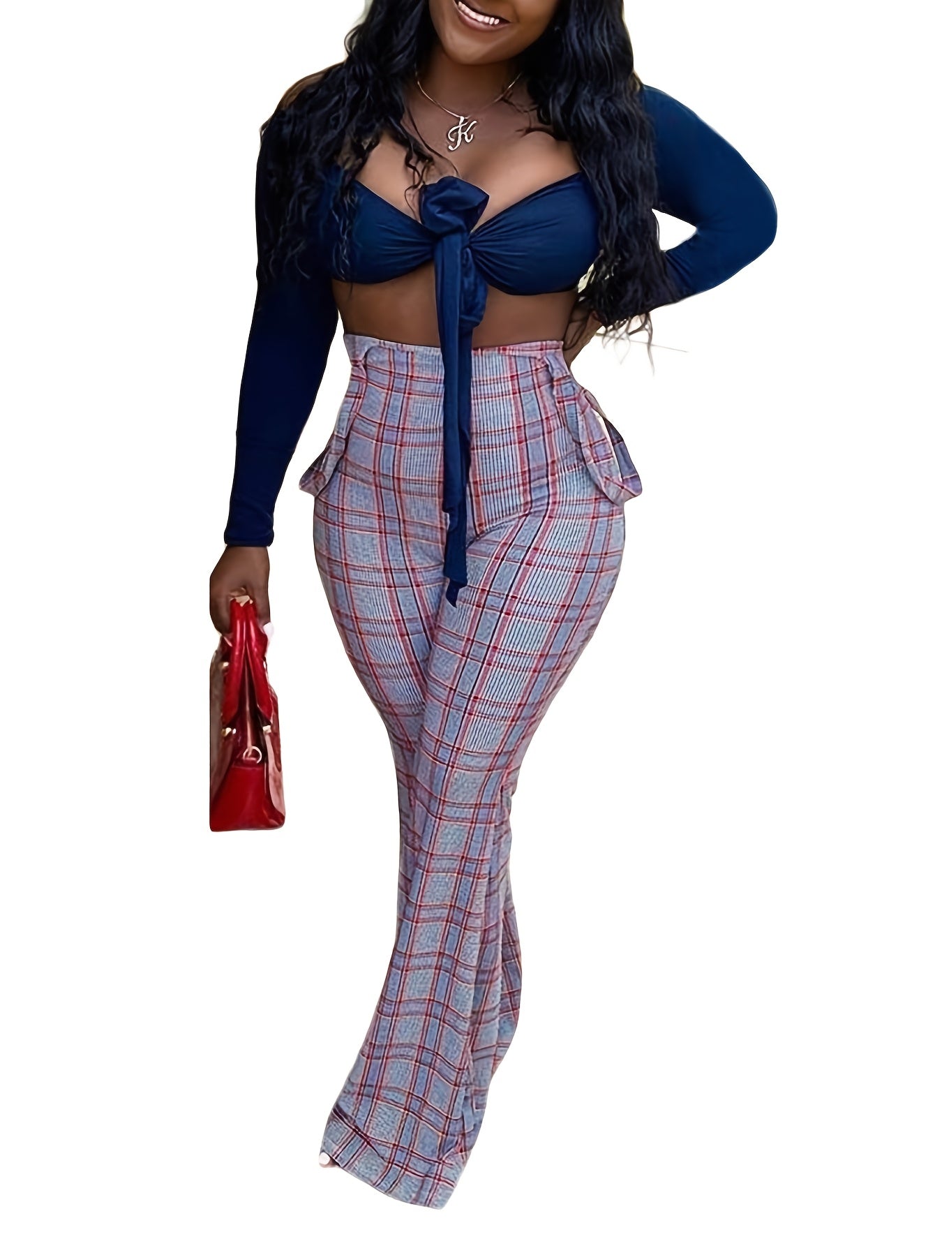 Womens Sexy Off Shoulder Tie Crop Top Plaid Print Bell Pants Suspenders Set 2pcs Outfits Jumpsuits Overalls