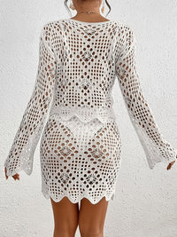 Sexy Crochet 2 Piece Contrast Lace Detail, Crew Neck, Non-Stretch Polyester Knit Drawstring Skirt Cover Up Skirt Set