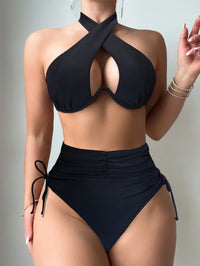 Sexy Open Underwire Halter Neck Top & High-Waist Tummy Control Bikini Swimsuit