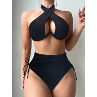 Sexy Open Underwire Halter Neck Top & High-Waist Tummy Control Bikini Swimsuit