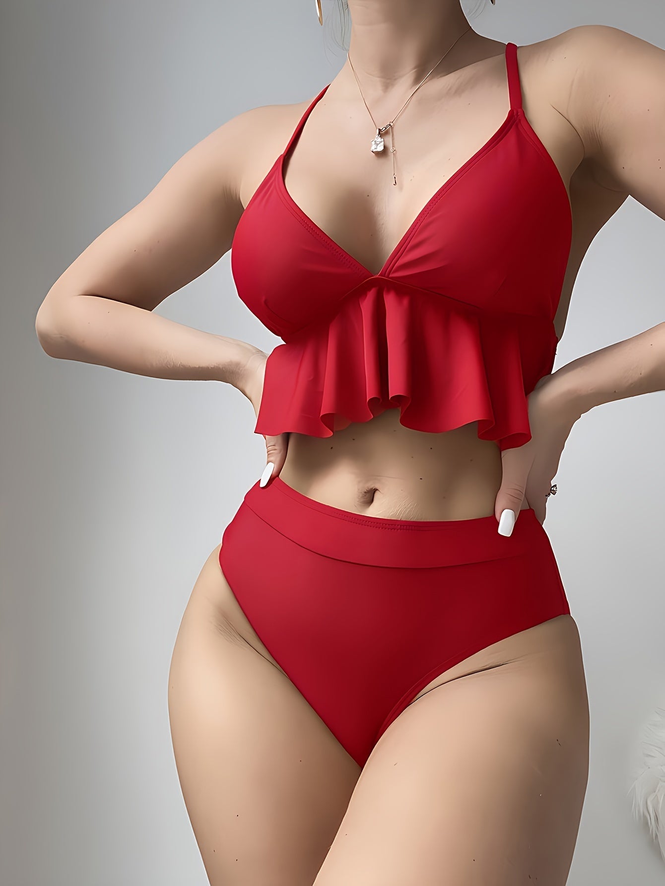 Sexy Crisscross V Neck Ruffled Hem Women's Bikini Swimsuit