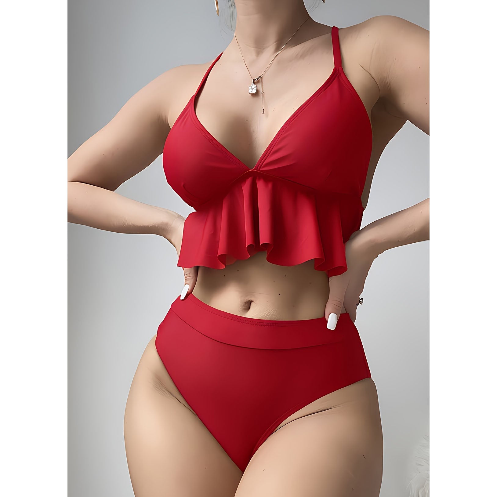 Sexy Crisscross V Neck Ruffled Hem Women's Bikini Swimsuit