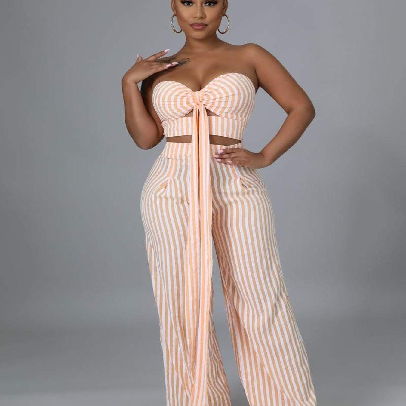 Sexy Striped Tube Top & Wide Leg Pants Set