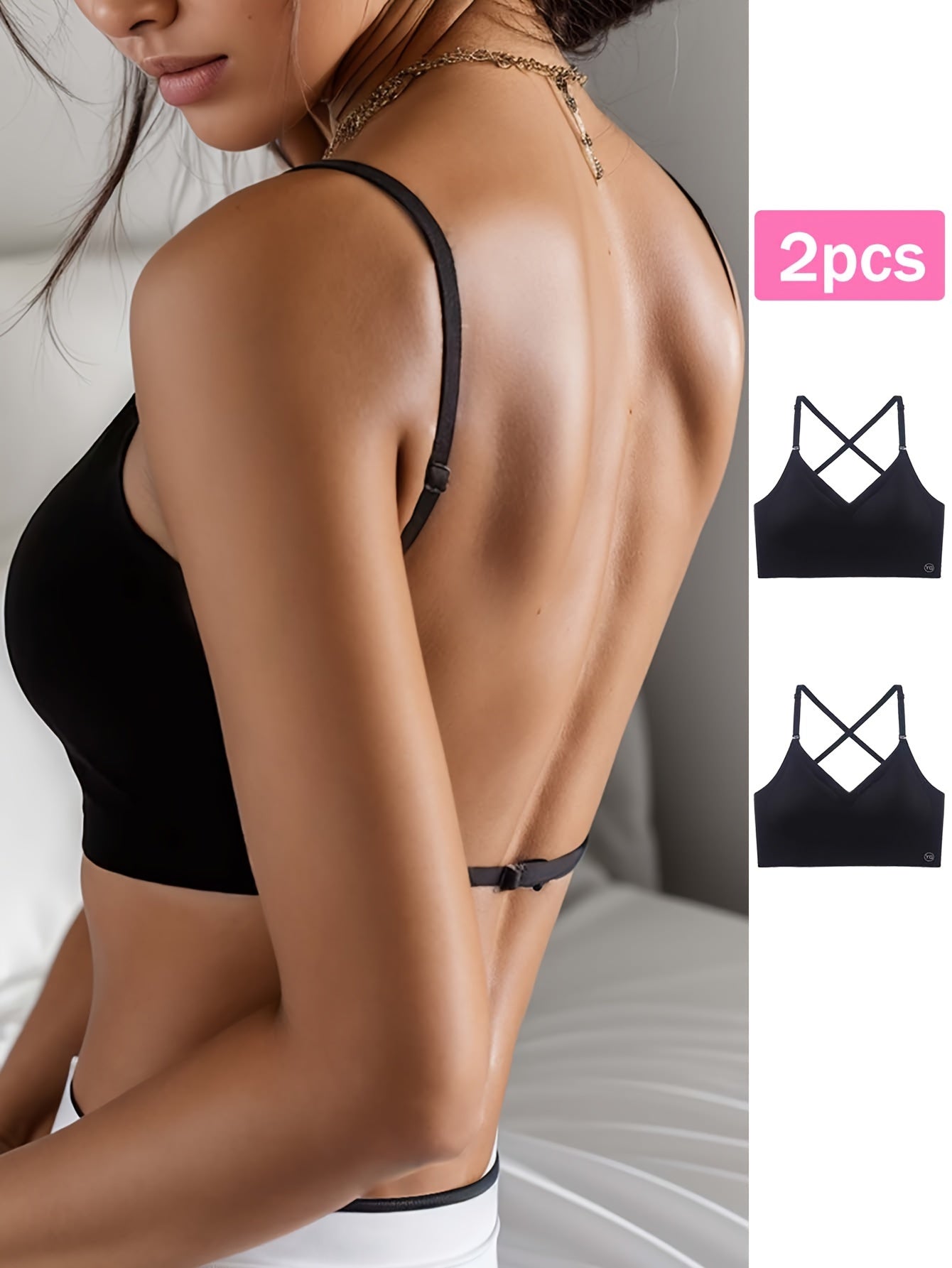 2pcs Viscose High Stretch V-Neck Seamless U-Back Design Breathable Sports Bra Set