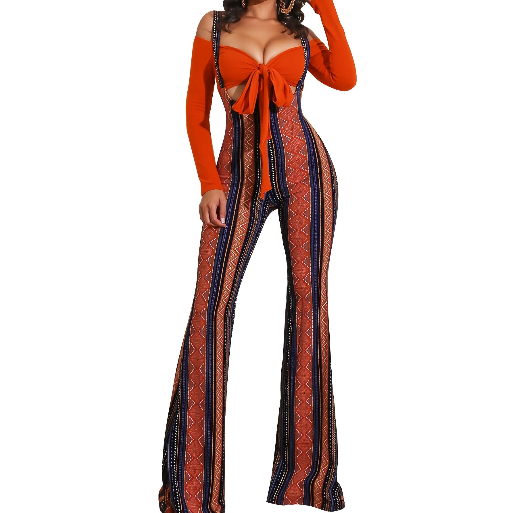 Womens Sexy Off Shoulder Tie Crop Top Plaid Print Bell Pants Suspenders Set 2pcs Outfits Jumpsuits Overalls