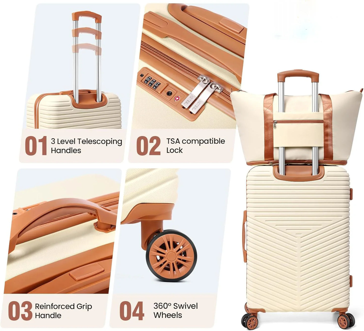 Stylish 4 Pcs Luggage Set - Carry On ABS+PC Hard Shell Suitcase with Spinner Wheels, TSA Lock and Travel Bags