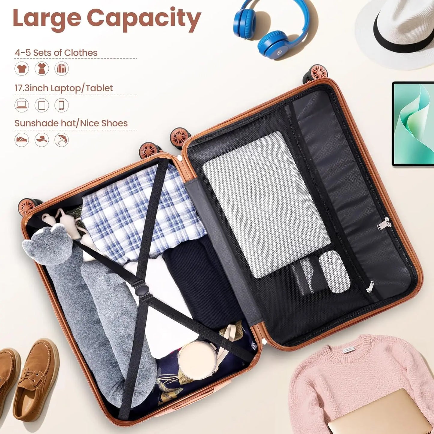 Stylish 4 Pcs Luggage Set - Carry On ABS+PC Hard Shell Suitcase with Spinner Wheels, TSA Lock and Travel Bags
