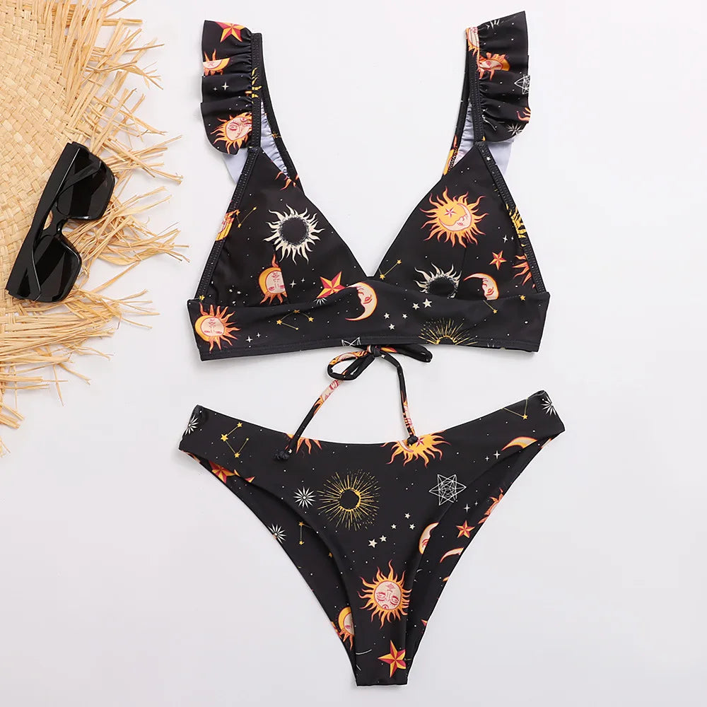 Cute Print Ruffle Shoulder Sexy Women's Bikini Swimsuit