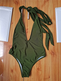 Sexy Lace Up Bandage Brazilian Deep V Backless Monokini Swimsuit