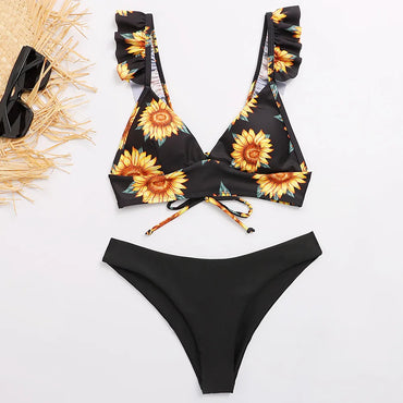 Cute Print Ruffle Shoulder Sexy Women's Bikini Swimsuit