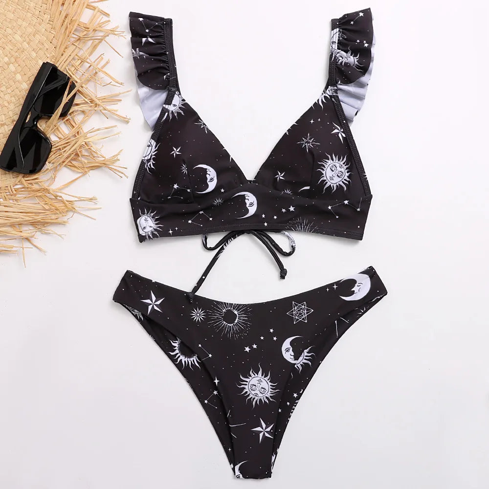 Cute Print Ruffle Shoulder Sexy Women's Bikini Swimsuit