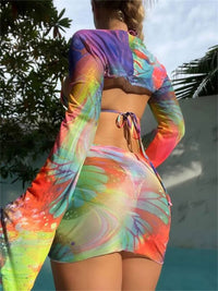 Erica - Sexy Tie-Dye 4 Piece Long Sleeve Cover Up Top, Skirt and Bikini Set