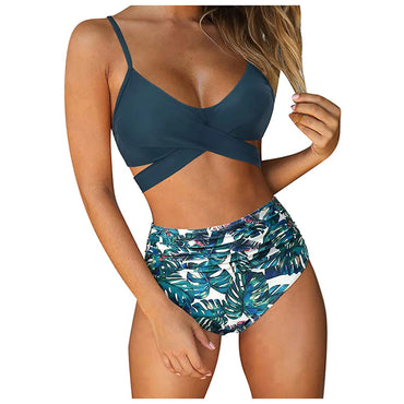 Sexy Criss Cross Top & Floral Print High Waisted Women's Bikini Swimsuit