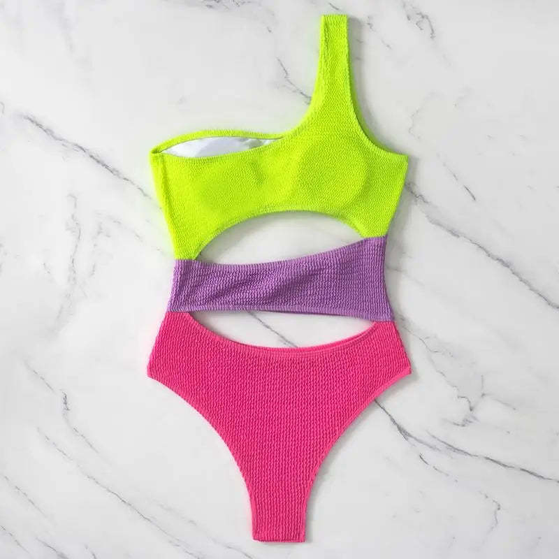 Sexy Neon One Shoulder Asymmetric Cutout Monokini Swimsuit