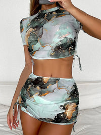 Sexy Green Marble Print 4 Pcs Halter Bikini, Coverup Crop Top & Skirt Set