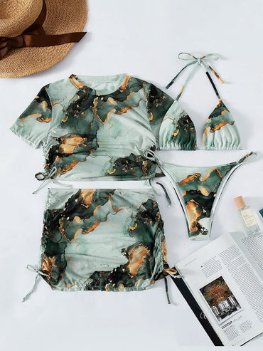 Sexy Green Marble Print 4 Pcs Halter Bikini, Coverup Crop Top & Skirt Set