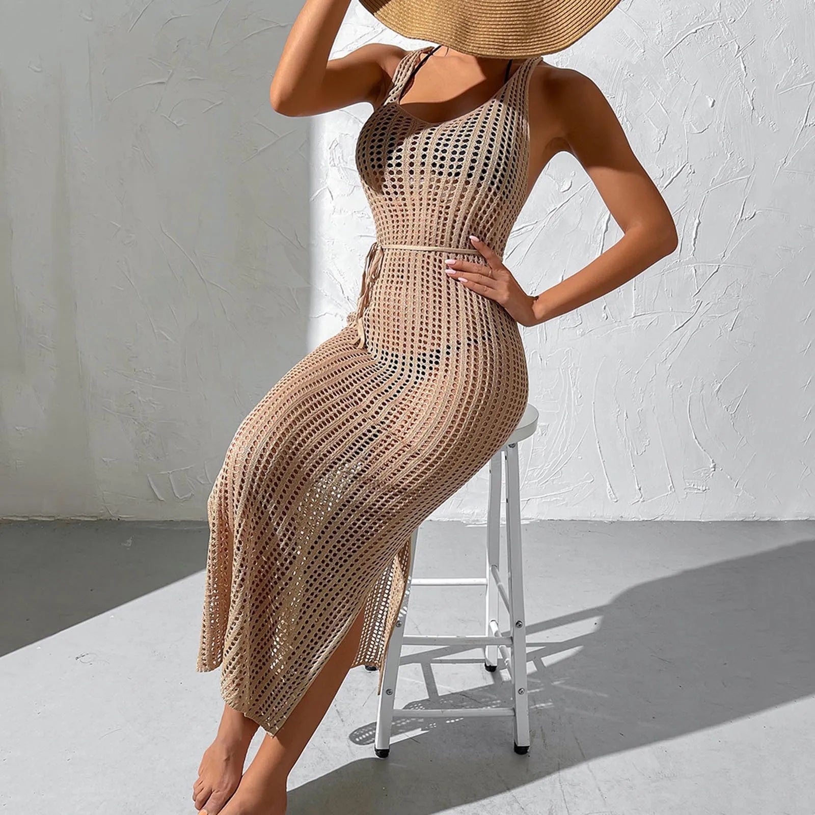 Classic Sexy Solid Belted Side Slit Swim Coverup Dress