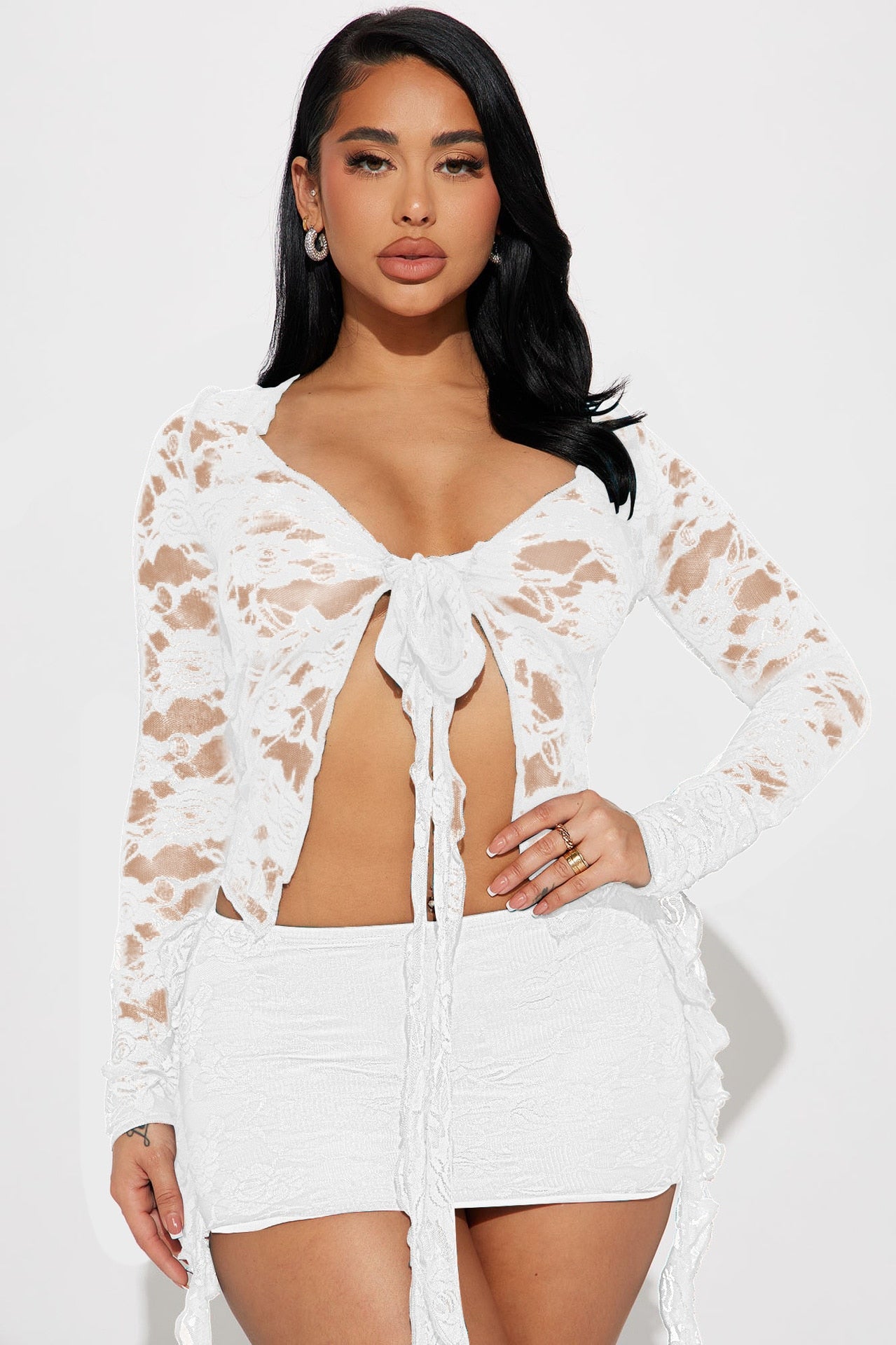 Sexy Lace V-Neck Long Sleeve Tied Top & Mini Skirt Set