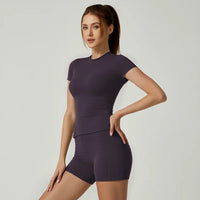 Cute Women's Seamless Short Sleeve Top & Gym Shorts Set