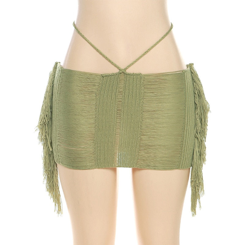 Sexy Knit Ribbed Hollow Out Tassel Mini Cover-Up Skirt