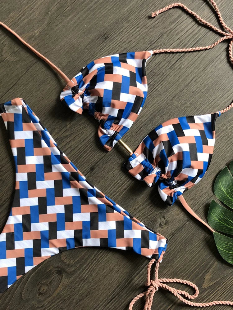 Sexy Print Knotted Rope Side Women's String Bikini Swimsuit
