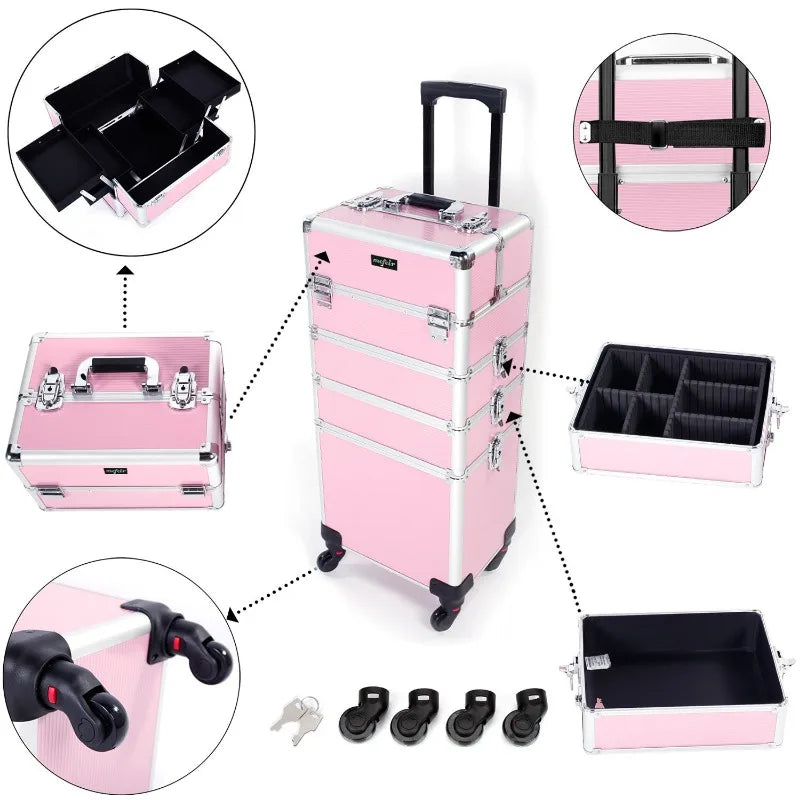 High Quality 4 in 1 Rolling Makeup Train Case, Aluminum Makeup Travel Organizer Cosmetic Case, Cosmetology Display Suitcase on Wheels