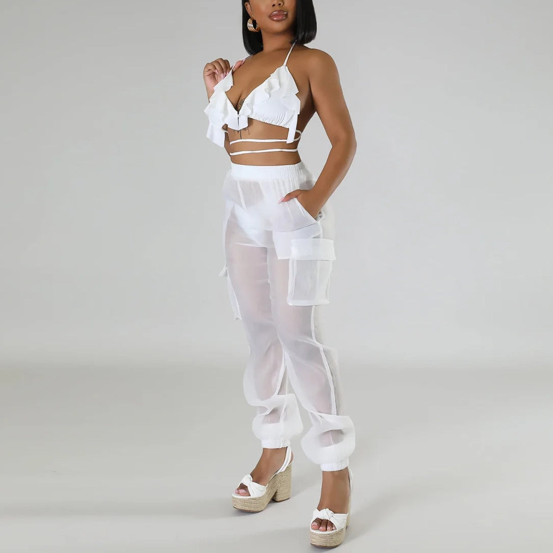 Sexy Casual 3 Piece Sheer Streetwear Bikini and Cargo Pants Set