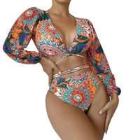 Sexy Vintage Pattern Long Sleep Wrap Top & Bikini Women's Swimsuit