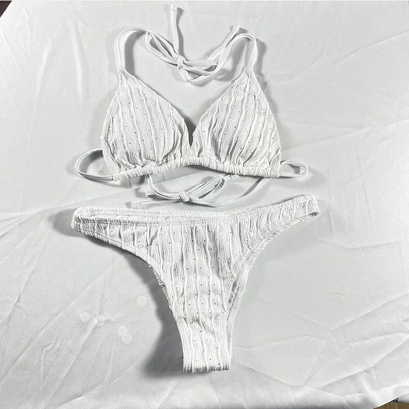 Sexy Jacquard Textured Drawstring Women's Bikini Swimsuit