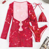 Sexy Print Hollow Out Women's 3 Pcs Cover Dress & Bikini Set