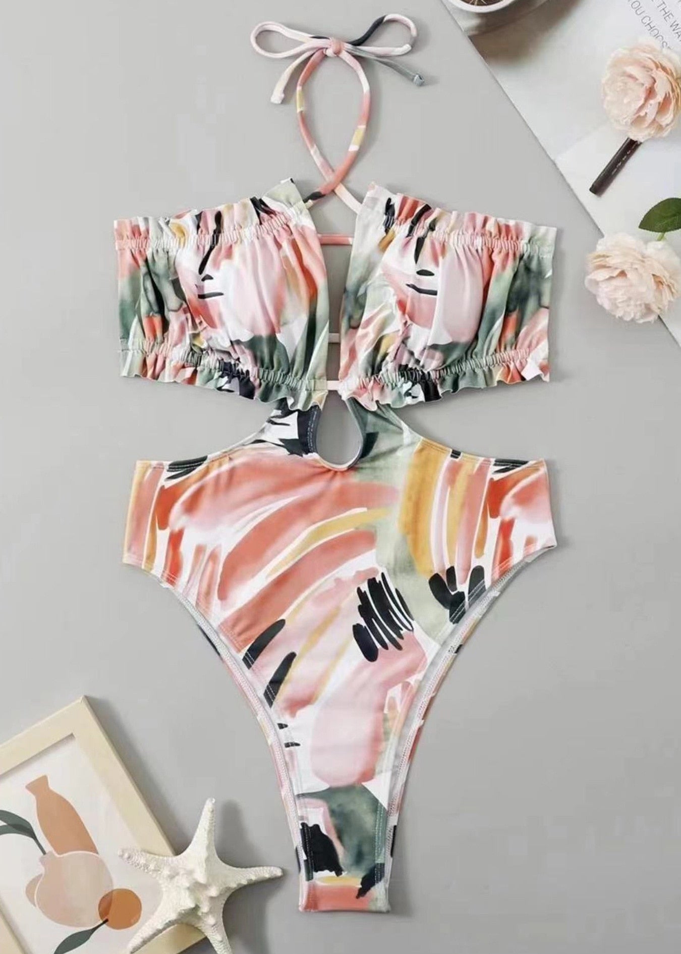 Hannah - Vintage Pink Floral Ruffle Trim Monokini Swimsuit