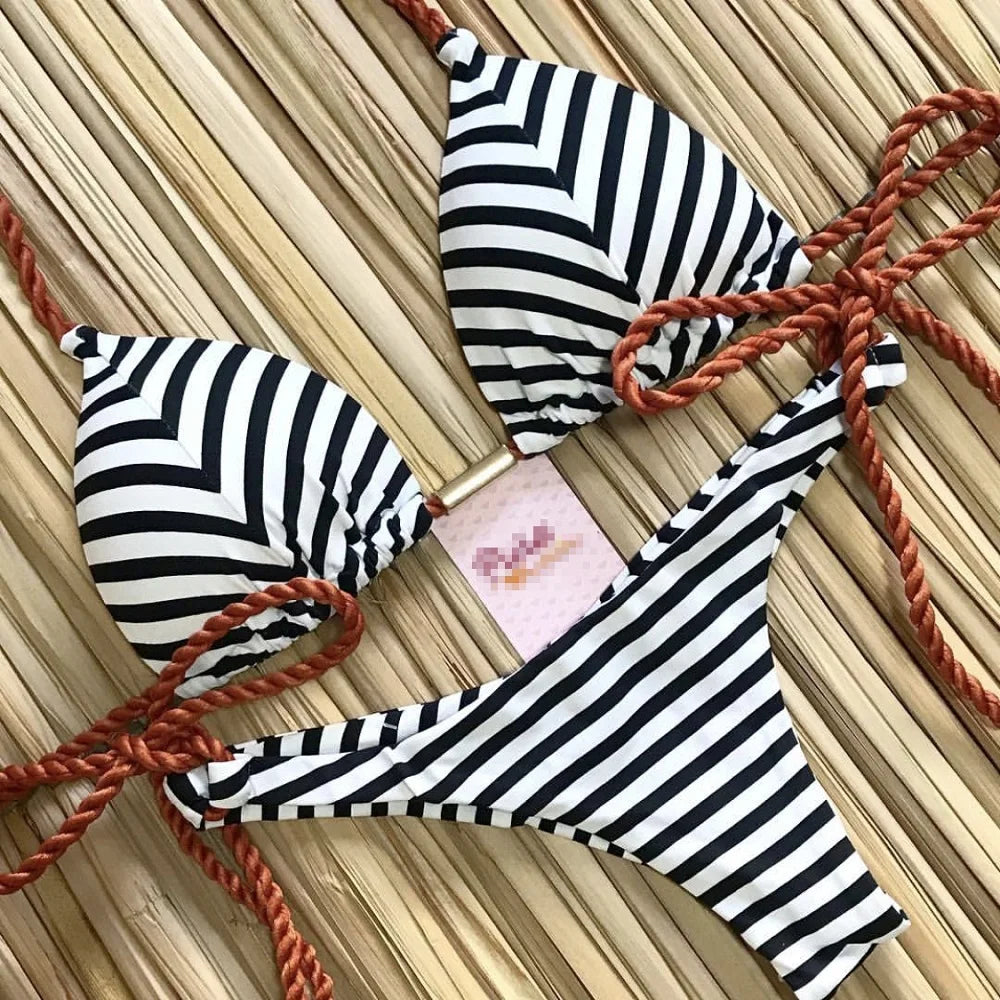 Sexy Print Knotted Rope Side Women's String Bikini Swimsuit